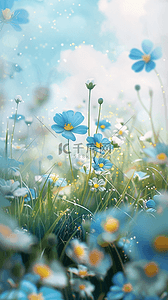 可爱风春天3D蓝色质感大花朵背景图片
