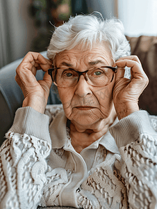 老健康问题老人戴着眼镜坐沙发上头痛
