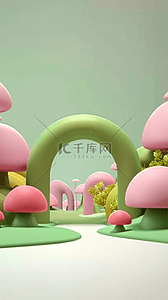 展台背景图片_春天3D可爱卡通蘑菇母婴电商展台背景