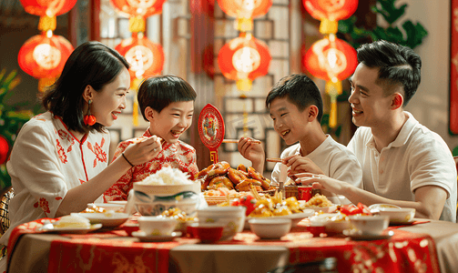 年夜饭团聚摄影照片_过年一家人吃团圆饭