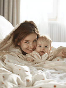 成长档案目录摄影照片_母婴妈妈在床上逗宝宝开心