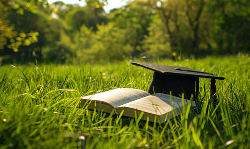 素材青春摄影照片_大学草地上的书本证书学士帽