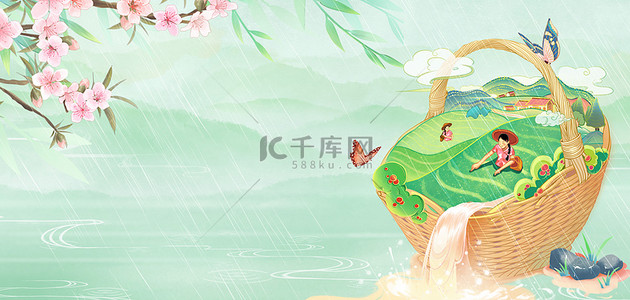 绿色谷雨背景图片_绿色中国风山水谷雨花枝蝴蝶背景