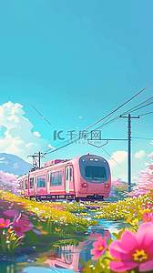 疾驰的列车背景图片_春日出游花田里的粉色列车背景素材