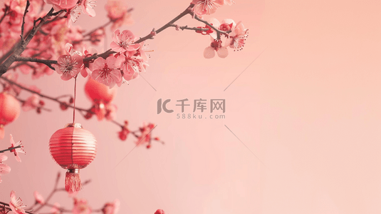 树枝灯笼背景图片_红色中国风春季盛开的桃花背景