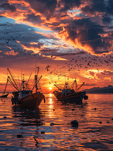 海边简约背景图片摄影照片_夕阳下的渔船