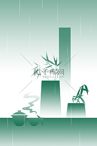 竹子绿色背景背景图片_绿色新中式春天春季茶具谷雨雨水背景