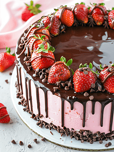 巧克力淋面摄影照片_巧克力淋面草莓蛋糕
