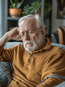 老健康问题老人戴着眼镜坐沙发上头痛