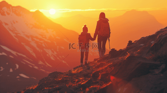 感恩母女背景图片_母亲节母女手牵手登山剪影背景