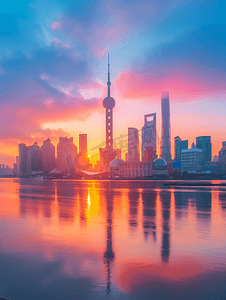 上海全景摄影照片_上海黄浦江外滩陆家嘴日出全景图