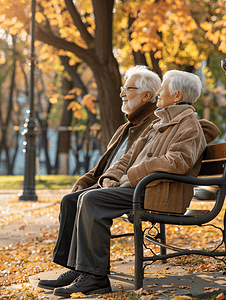 公园风景图片摄影照片_老年夫妇坐在公园长椅欣赏风景