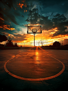 打篮球剪影ai摄影照片_夕阳下的篮球场