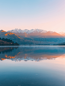 纳福小镇摄影照片_新西兰日出时分的湖光山色