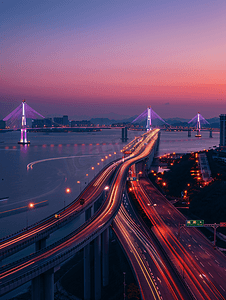 城市黄昏图片摄影照片_黄昏下的大连跨海大桥