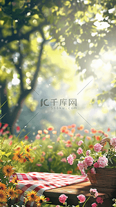 春季有桃花的图片背景图片_清新春天公园长凳上的花篮10图片