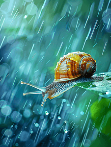蜗牛大便摄影照片_下雨天蜗牛雨水节气