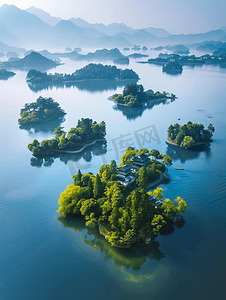 小岛原画摄影照片_杭州千岛湖的很多小岛