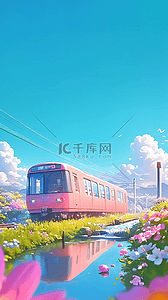 火车车轨背景图片_春日出游花田里的粉色列车背景