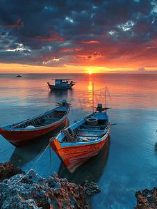 大海的背景素材摄影照片_唯美夕阳下的大海和归航的渔船