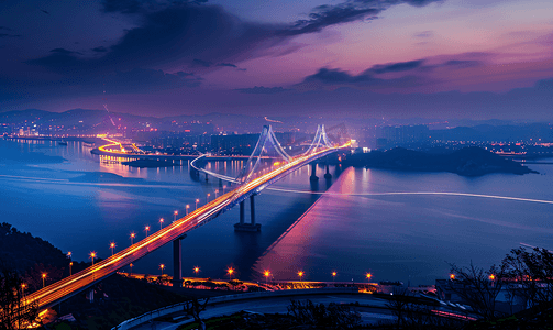 夜景全景摄影照片_大连跨海大桥全景接片