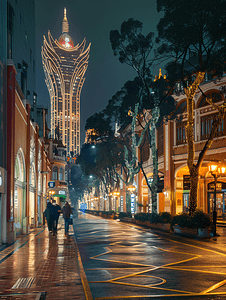 澳门老街摄影照片_美丽夜景的澳门新葡京