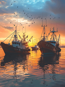 简约橙色摄影照片_夕阳下的渔船