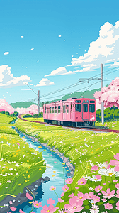 粉色春日背景图片_春日出游花田里的粉色列车背景图