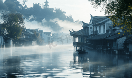 中国风水墨风景摄影照片_充满中国风的江南水乡雾气景色