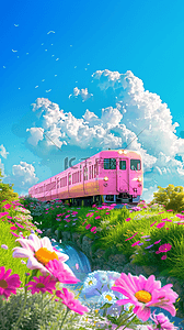 蓝天轨道背景图片_春日出游花田里的粉色列车设计