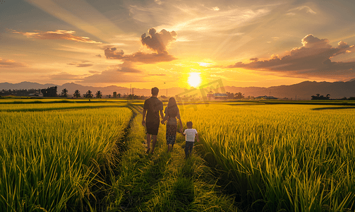 亲子欢乐摄影照片_夕阳下走在稻田里的一家人背影