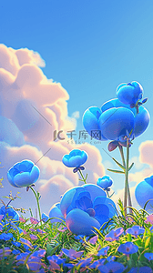 春天卡通图片背景图片_春天可爱风3D蓝色质感花朵图片