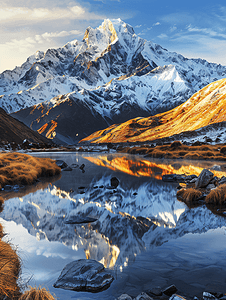 藏族自治州摄影照片_贡嘎雪山金色阳光美景