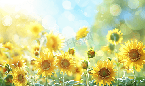 温馨蓝色海报摄影照片_阳光下的向日葵