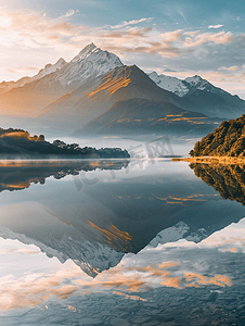 生态的素材摄影照片_新西兰日出时分的湖光山色