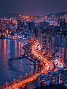 繁华城市夜景摄影照片_大连东港夜景