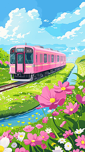 火车车轨背景图片_春日出游花田里的粉色列车设计