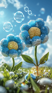 可爱风春天3D蓝色毛绒绒质感大花朵设计