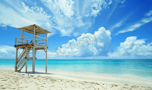 夏天沙滩大海背景摄影照片_沙滩瞭望塔简洁