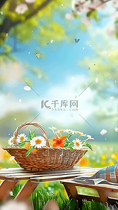 清新春天公园长凳上的花篮背景图