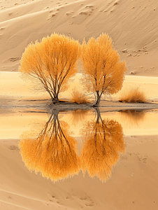 秋景摄影照片_水上胡杨与沙漠
