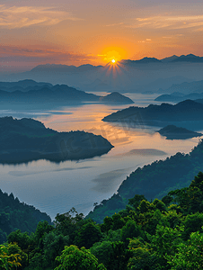 山水水墨背景摄影照片_千岛湖黎明风景