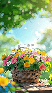 美丽的春景背景图片_清新春天公园长凳上的花篮4图片