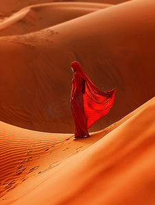 大漠日出摄影照片_走在沙漠里的红衣美女