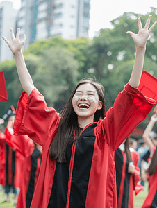 毕业季操场摄影照片_毕业季操场上青春大学们举手比耶