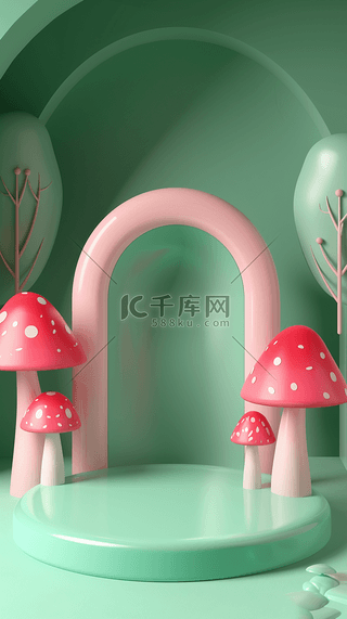 展台背景图片_春天3D可爱卡通蘑菇母婴电商展台图片