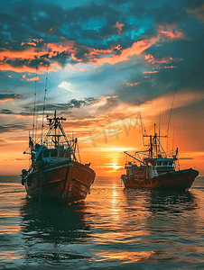 海边简约背景图片摄影照片_夕阳下的渔船