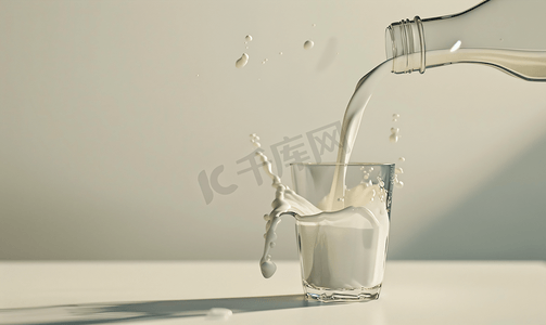 把牛奶从瓶子里倒在玻璃杯中