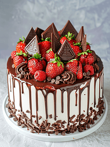 巧克力淋面摄影照片_巧克力淋面草莓蛋糕