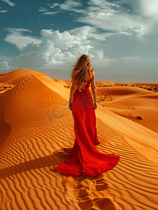 大漠日出摄影照片_走在沙漠里的红衣美女